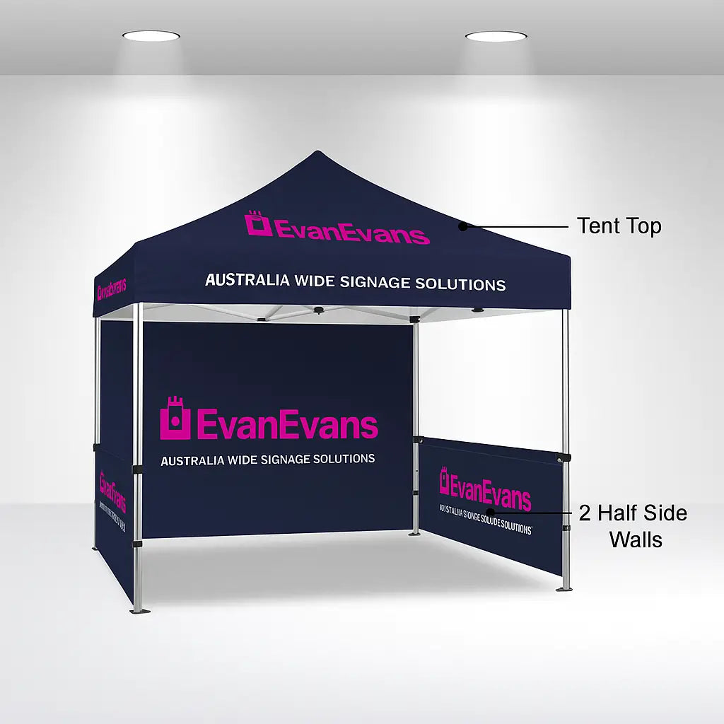 Evan Evans custom branded marquee with dark navy canopy and two half side walls featuring logo and tagline