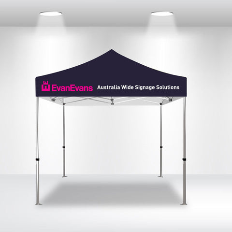 Dark navy marquee canopy with silver frame, blank base ready for custom Evan Evans branding