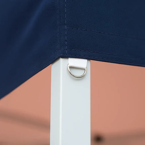 Close-up of Evan Evans marquee canopy corner in dark navy fabric with reinforced stitching and D-ring attachment