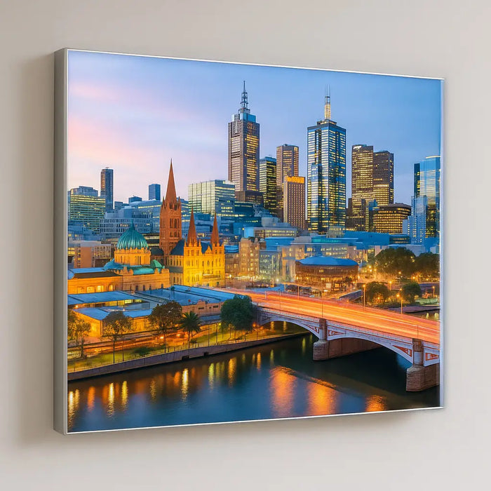 Fabric lightbox signage by Evan Evans – illuminated display featuring the Melbourne city skyline.