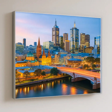 Fabric lightbox signage by Evan Evans – illuminated display featuring the Melbourne city skyline.