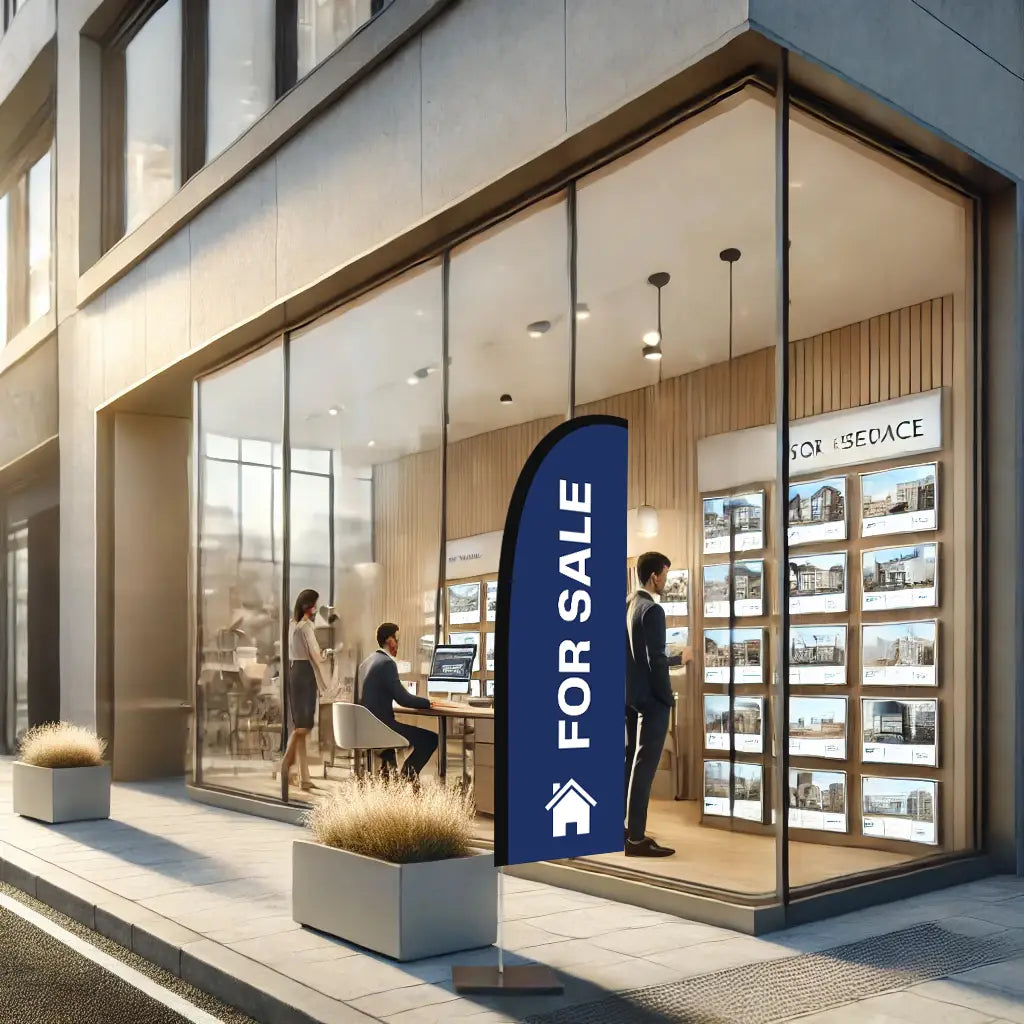 for sale blue feather flag real estate