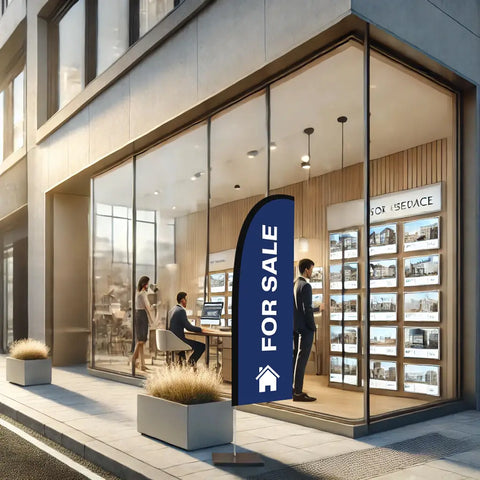 for sale blue feather flag real estate