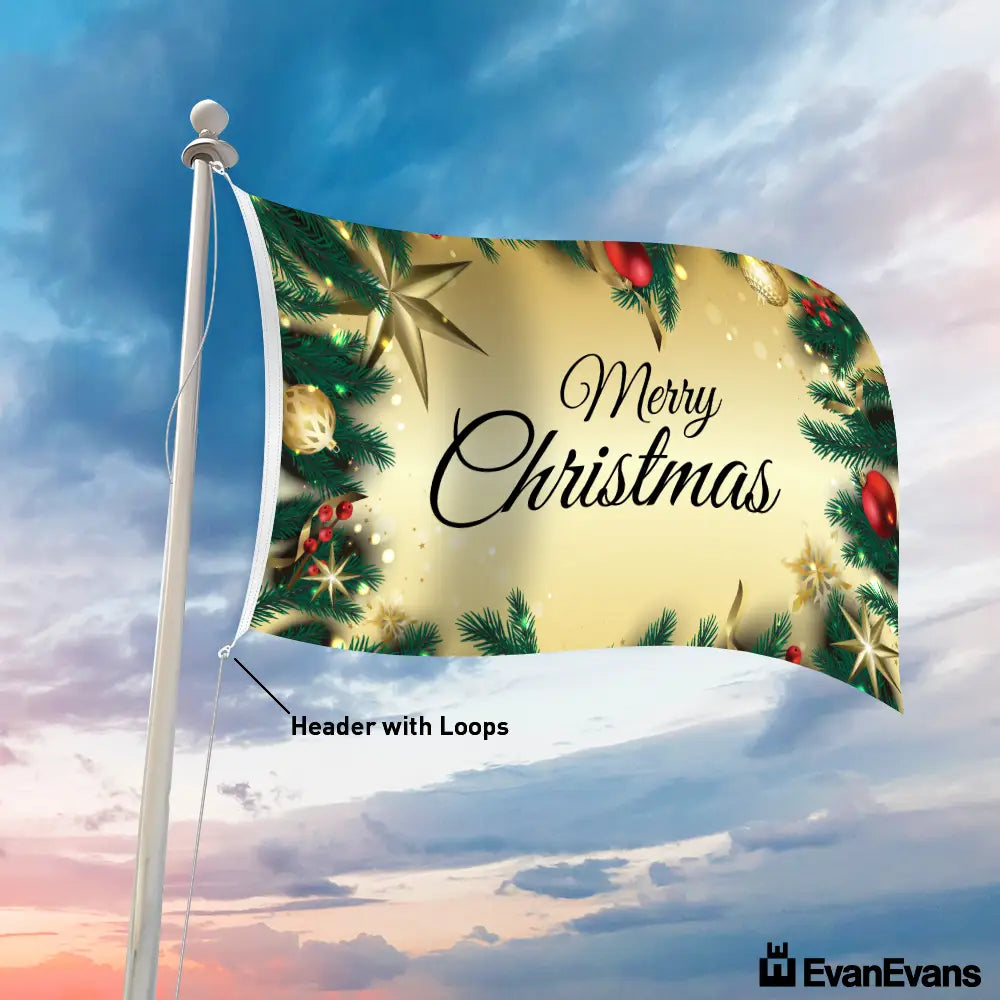 gold glitters header with loops knitted polyester merry christmas flag