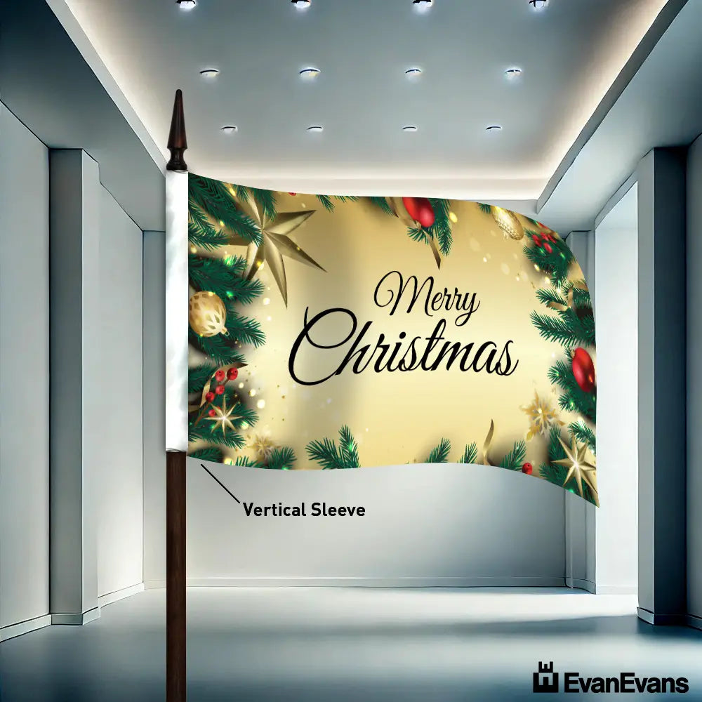 gold glitters vertical sleeve knitted polyester merry christmas flag