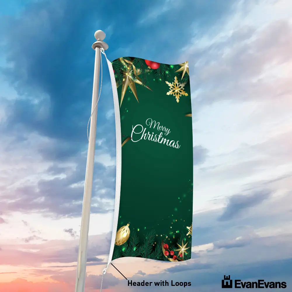 knitted polyester green glitters portrait merry christmas flag header with loops