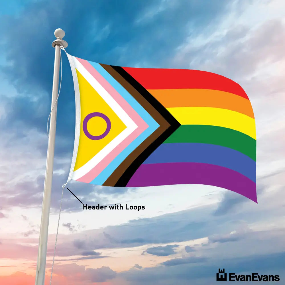 knitted polyester intersex inclusive progress pride flag header with loops