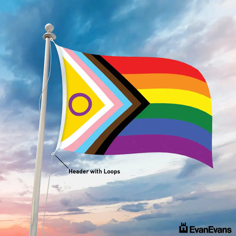 knitted polyester intersex inclusive progress pride flag header with loops