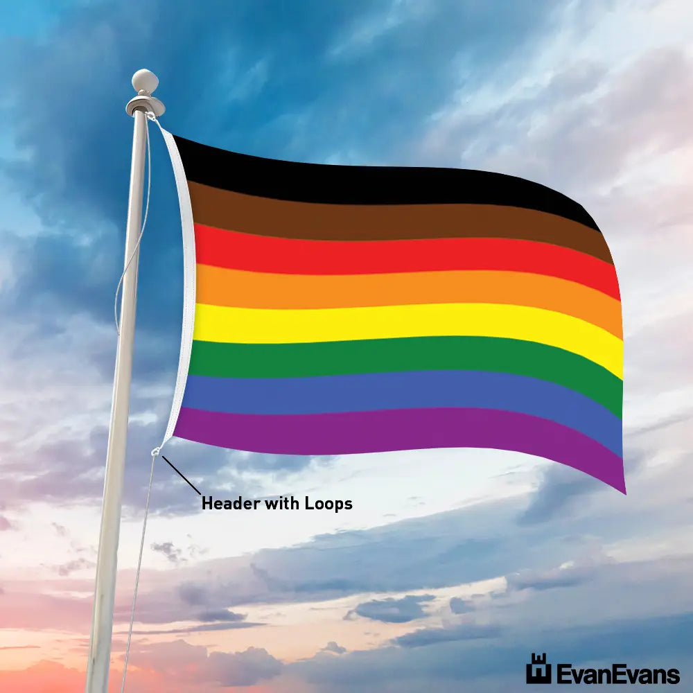 knitted polyester lgbt rainbow with black and brown flag header with loops
