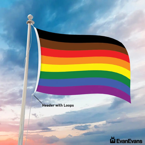 knitted polyester lgbt rainbow with black and brown flag header with loops