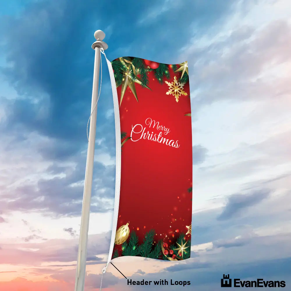 knitted polyester red glitters portrait merry christmas flag header with loops