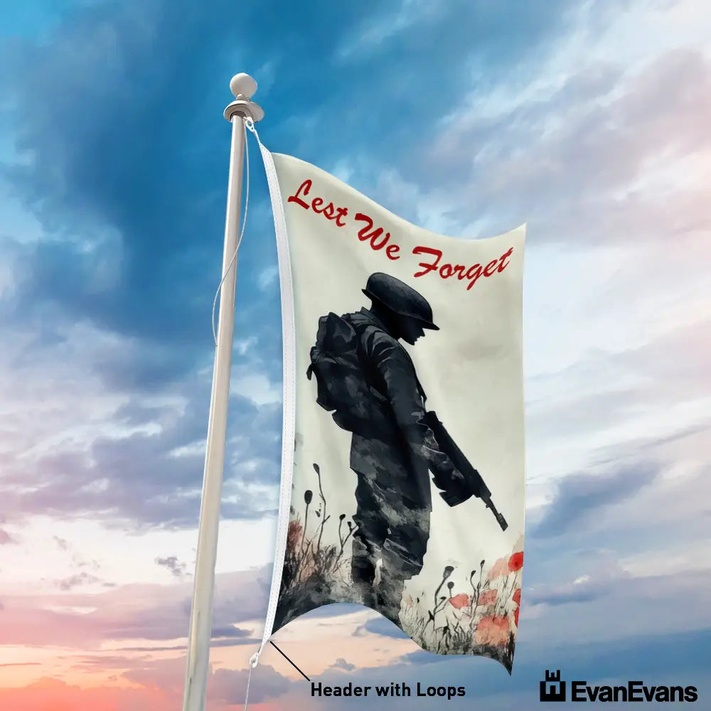 knitted polyester soldier in red poppies anzac day flag header with loops portrait