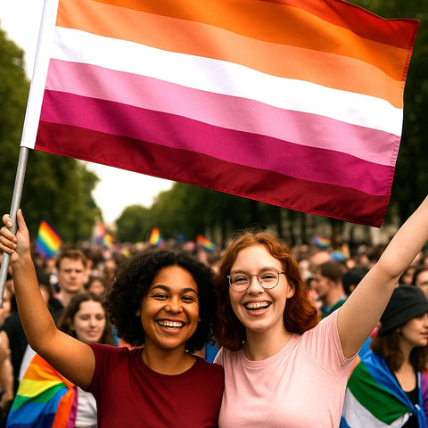 lesbian flag on a pole waved by women lgbt community march