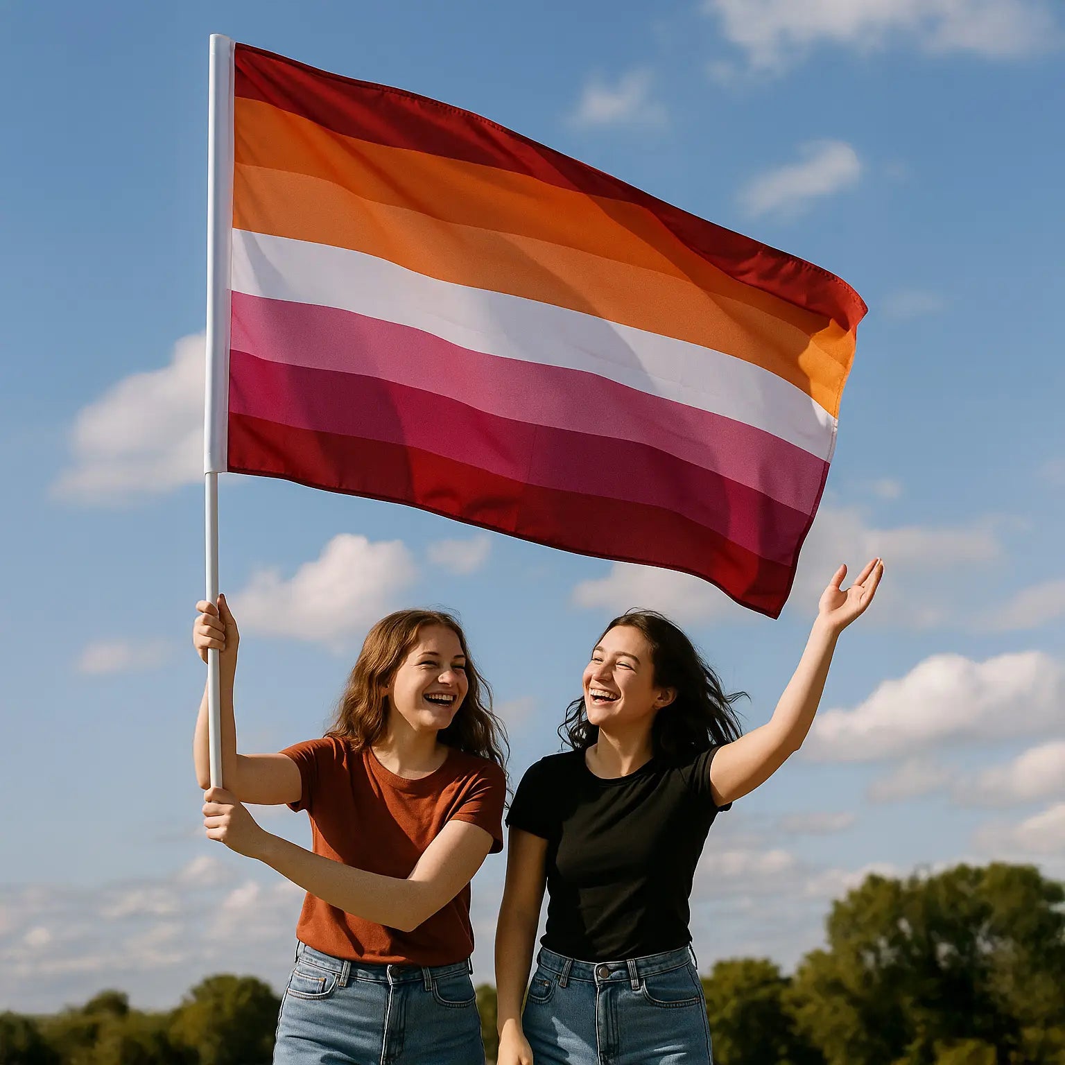 lesbian flag on a pole waved by women