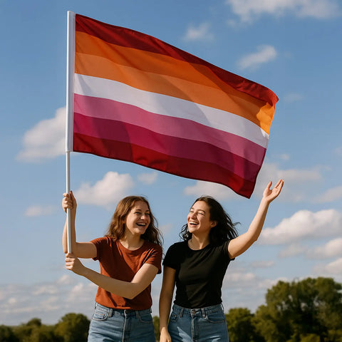lesbian flag on a pole waved by women