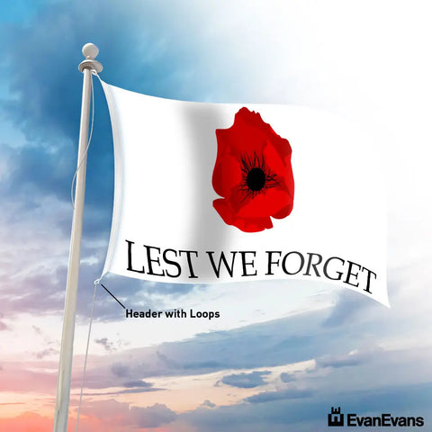 Lest We Forget Flag (Classic) featuring a bold red poppy and the words 'Lest We Forget,' flying on a flagpole.