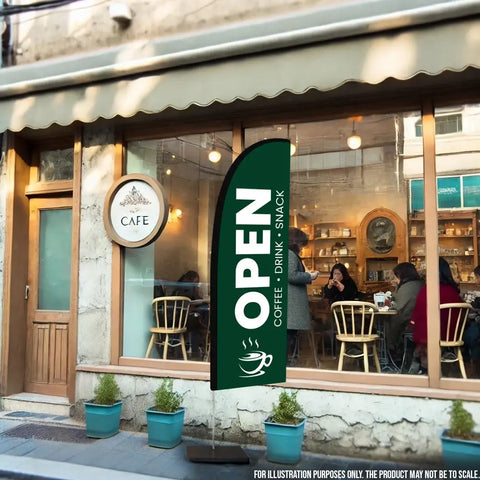 open green feather flag cafe