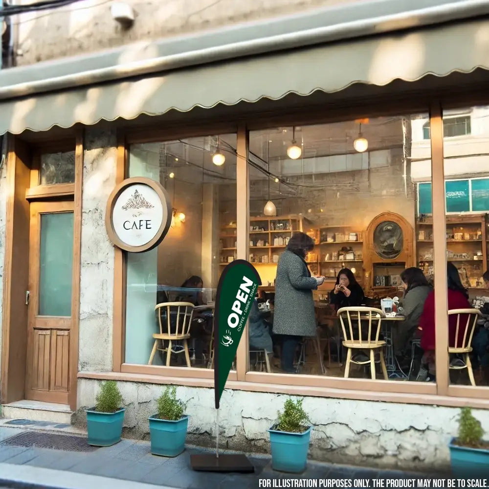 open green teardrop flag cafe