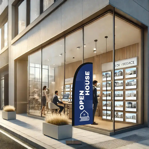 open house blue feather flag real estate