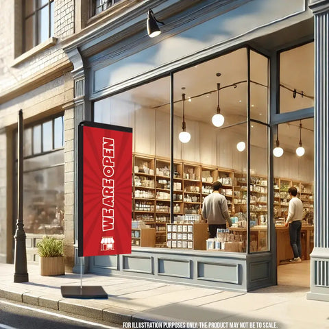 open red rectangle flag retail store