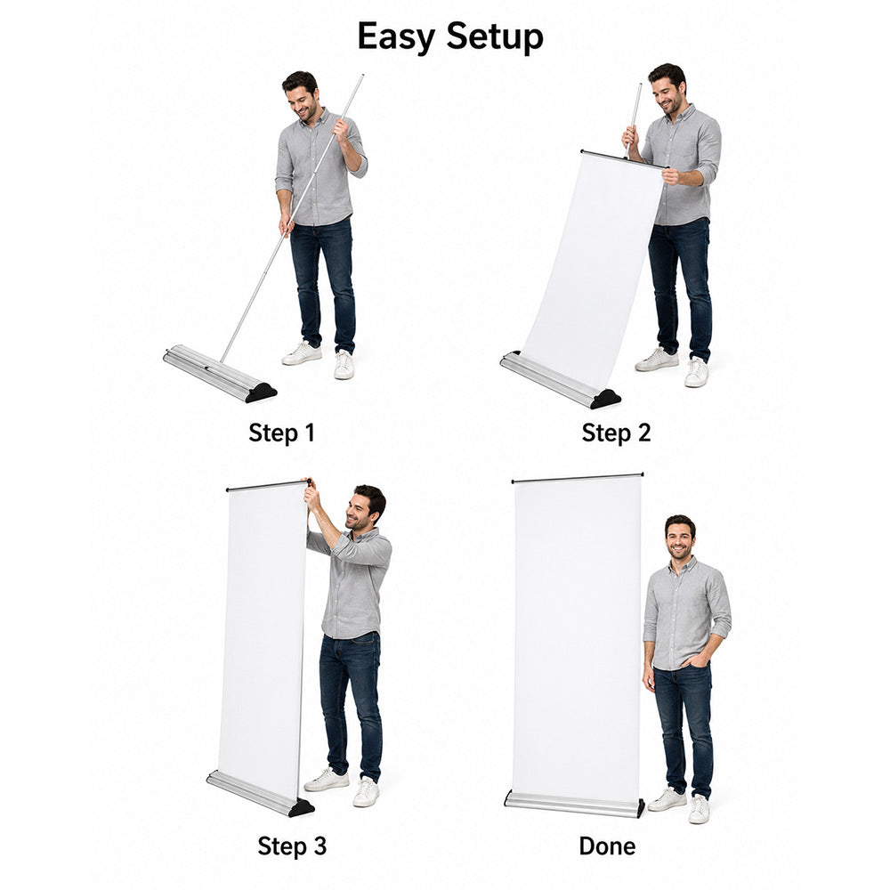 Step-by-step guide on setting up a white banner with a person demonstrating each step.