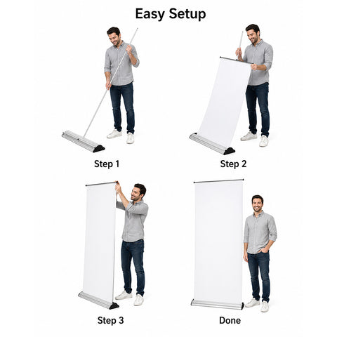 Step-by-step guide on setting up a white banner with a person demonstrating each step.
