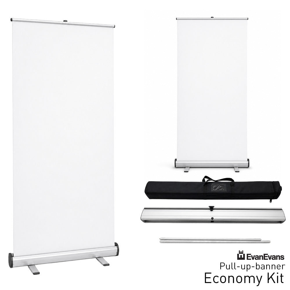 Evan Evans pull-up banner economy kit with two banners, stands, and carrying case on a white background.