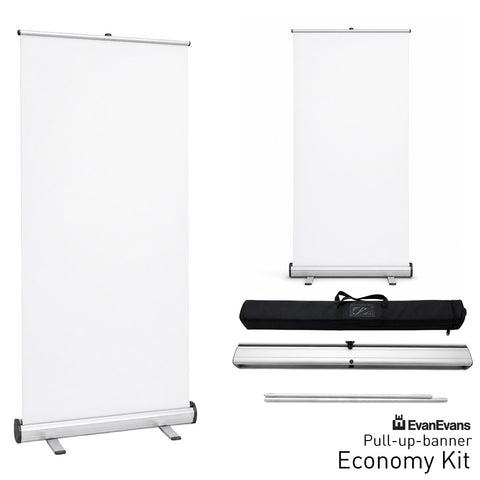 Evan Evans pull-up banner economy kit with two banners, stands, and carrying case on a white background.