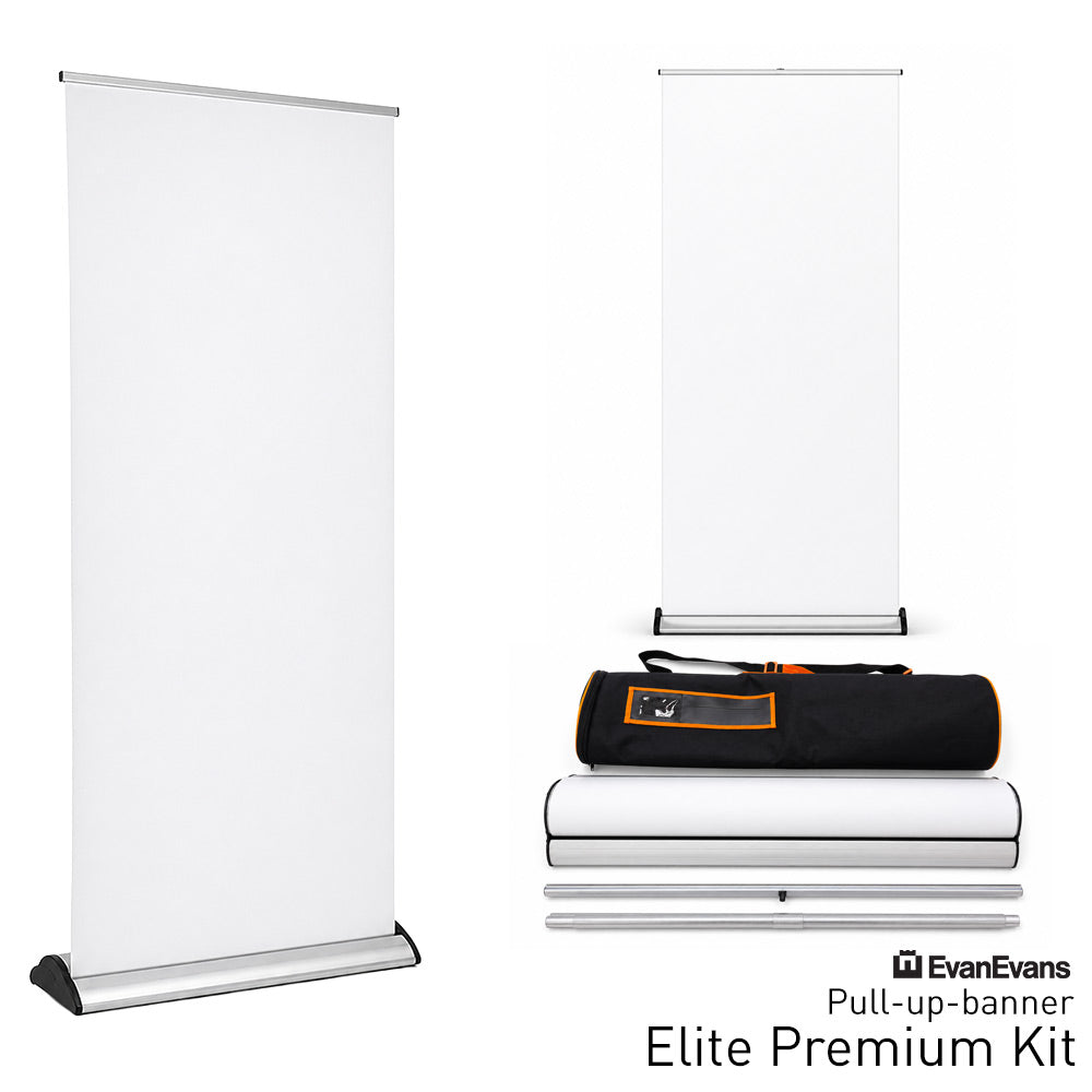 Evan Evans Pull-up banner Elite Premium Kit with two pull-up banners, a carrying case, and accessories on a white background.