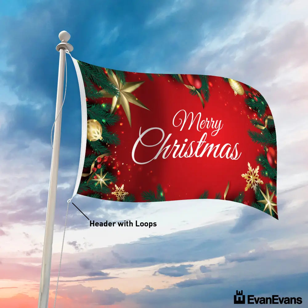 red glitters header with loops knitted polyester merry christmas flag