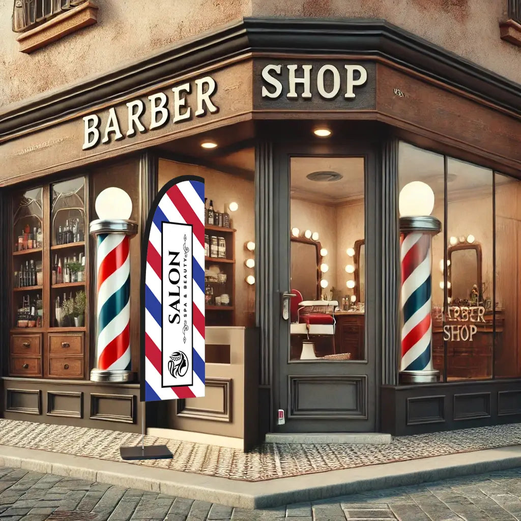 salon blue white red feather flag barber shop