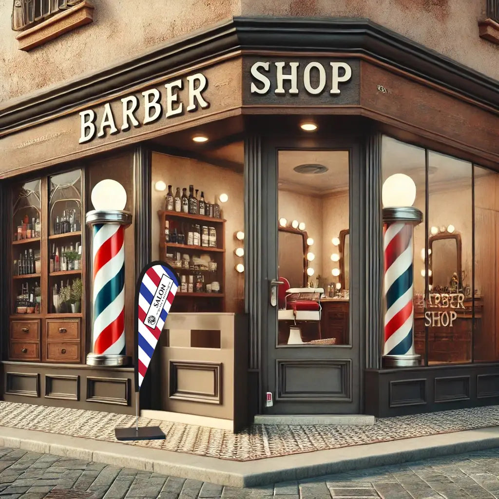 salon blue white red teardrop flag barber shop