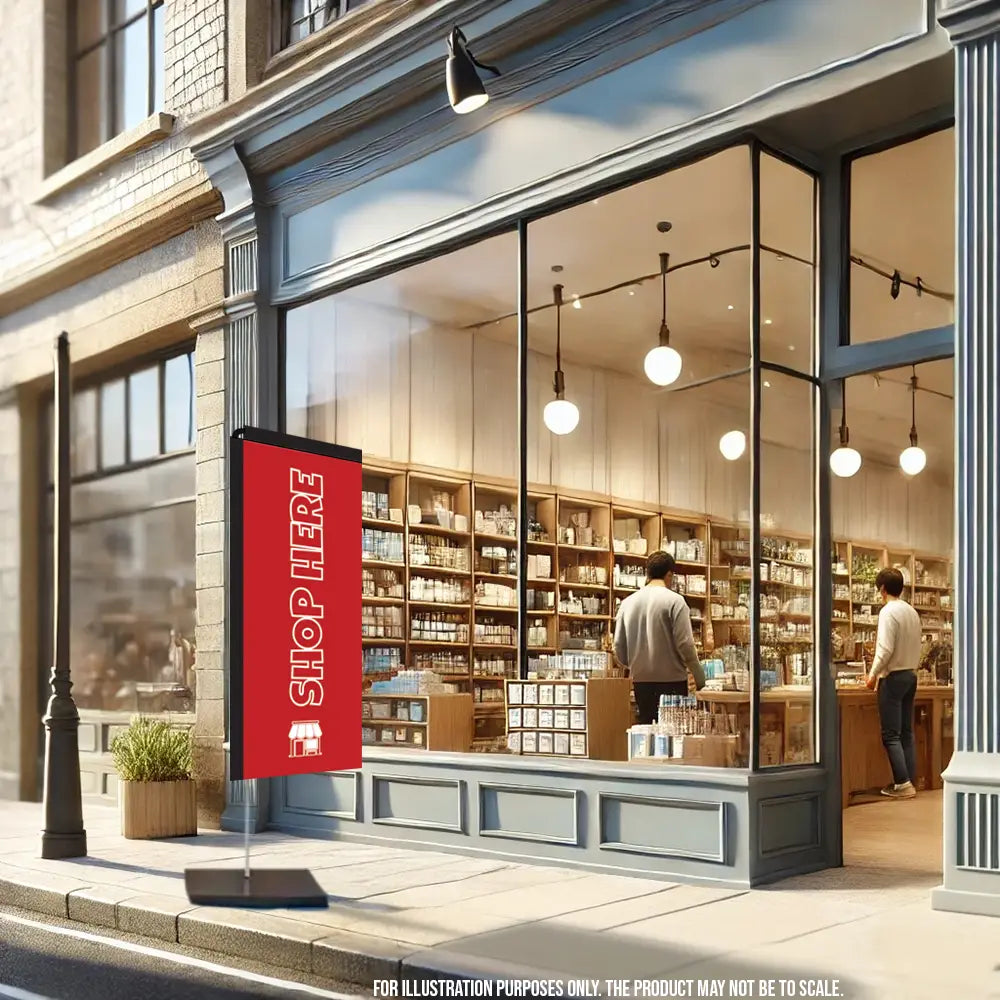 shop here red rectangle flag retail store