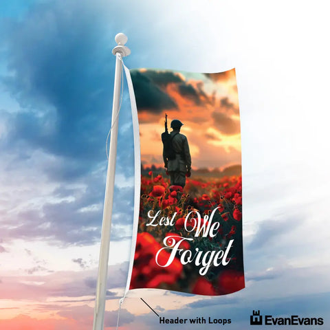 vertical lest we forget flag Poppy Field soldier edition