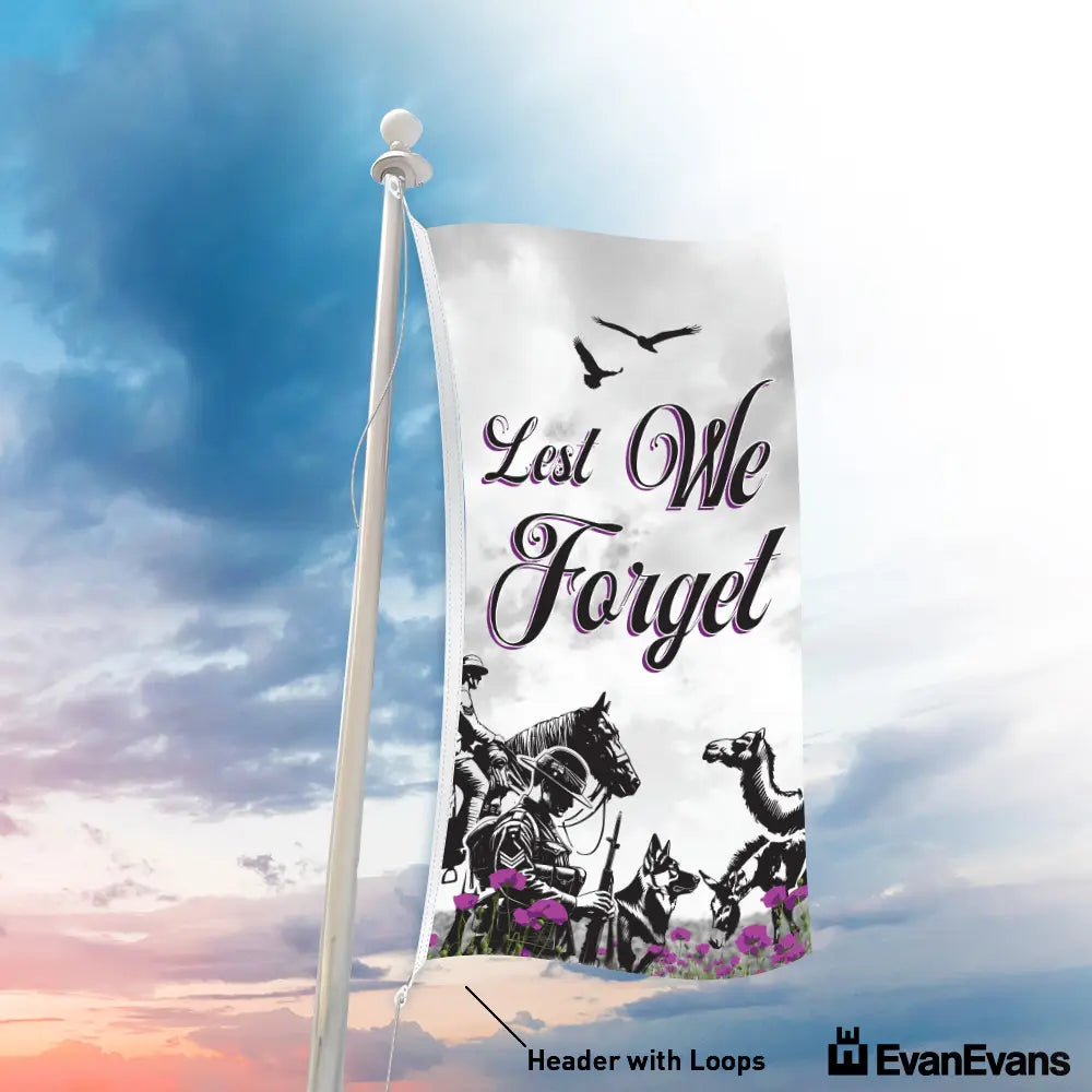 vertical lest we forget flag purple poppy animal edition